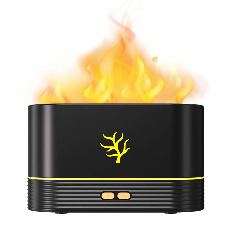 Black round flame aroma diffuser and humidifier with LED lights on a table.