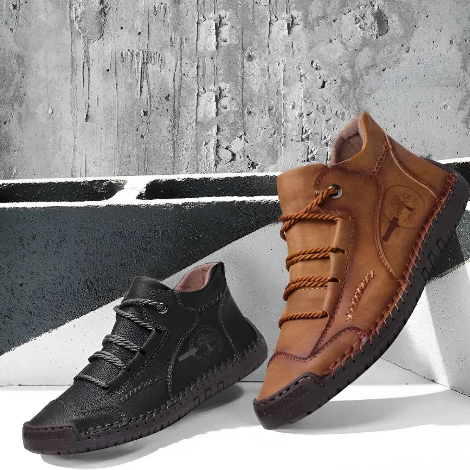 Men's brown leather high-top boots with visible stitching and flat rubber sole on a neutral background.