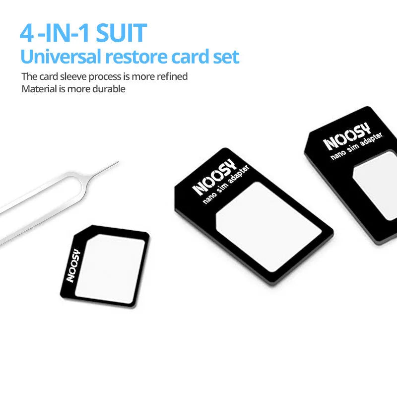 SIM Restore Four-in-one Set showing black plastic SIM adapters and a metal ejector pin on a white background.