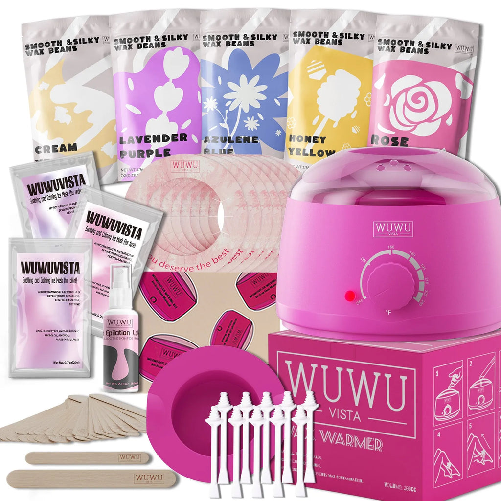 52-piece professional waxing kit with hard wax beans, warmer, and facial body nose hair removal tools