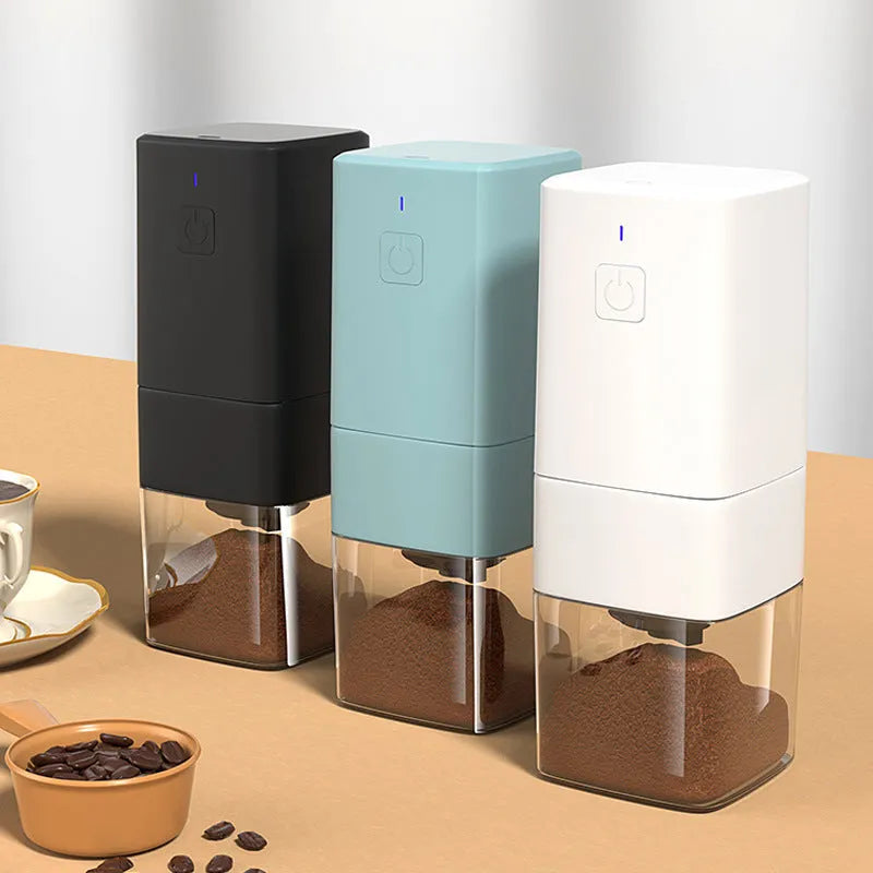 Square electric coffee bean grinder in black with USB-C cable, copper motor, 25-30g bean warehouse