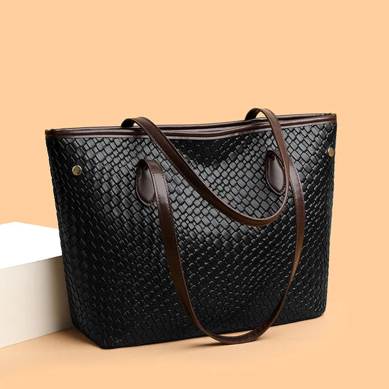 Retro women's large capacity black PU leather commuter handbag with horizontal square design