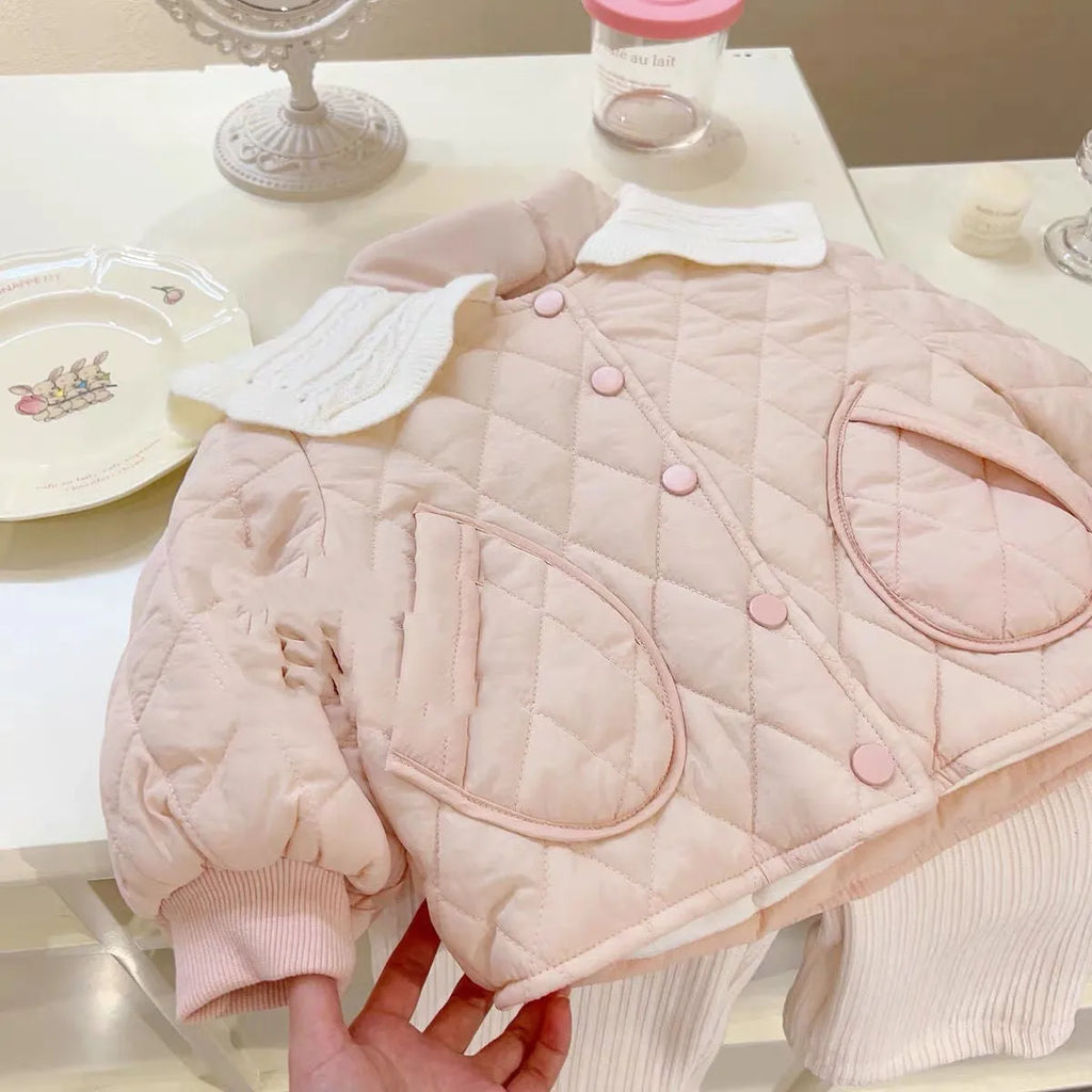 Girls' Cotton-Padded Quilted Winter Coat Classic Style Cream Powder Polyester Fabric Suitable Height 80-130cm Warm Outerwear for Daily Wear