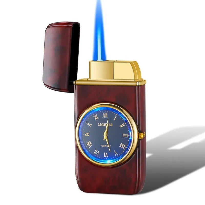 Electronic watch lighter showing LED digital display integrated with butane gas lighter mechanism in brushed metal body
