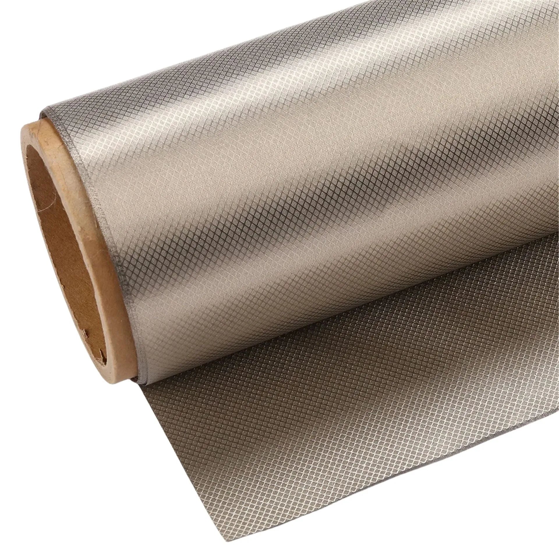 Grey diamond lattice pattern signal shielding fabric with copper and nickel weave.