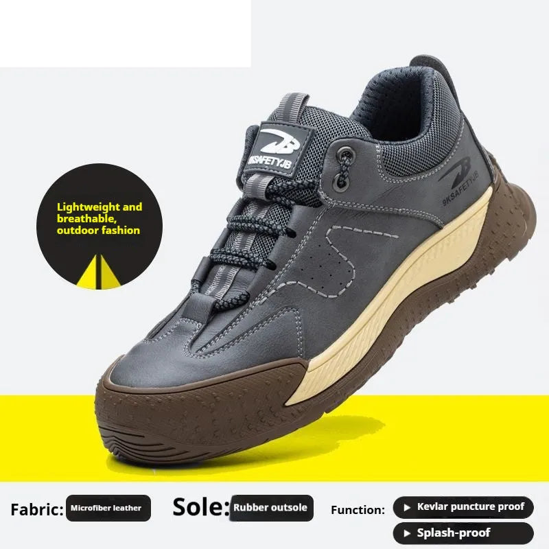 Flyknit men's work shoes in black with a breathable leather upper and textured rubber sole.