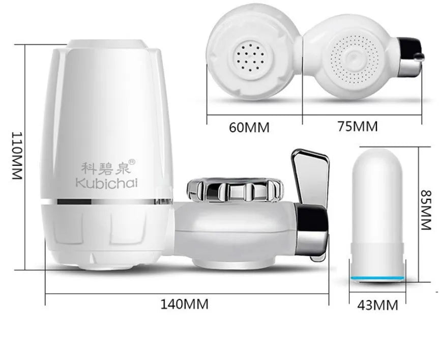 White plastic faucet water filter unit with adapters and ceramic cartridge for kitchen tap installation.