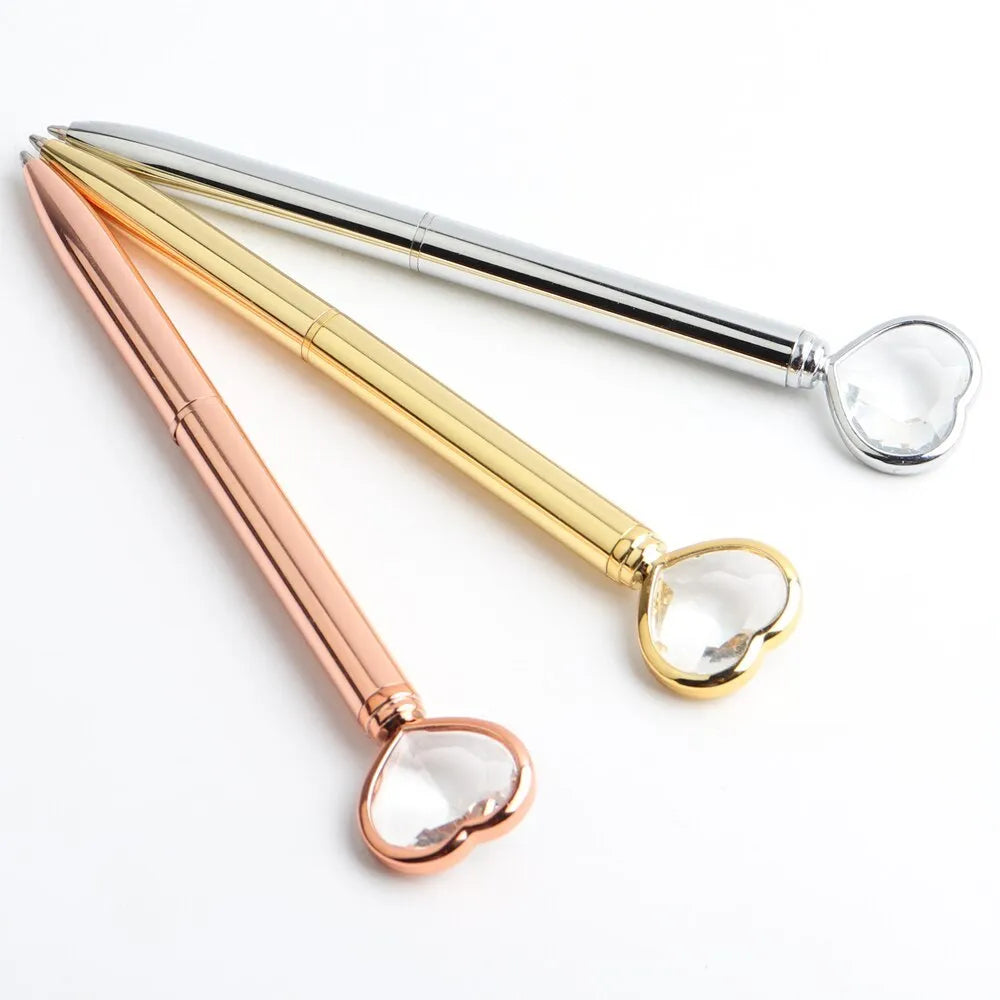 Creative Crystal Love Ball Diamond Metal Pen in golden, rose gold, and silver finishes showing decorative pattern