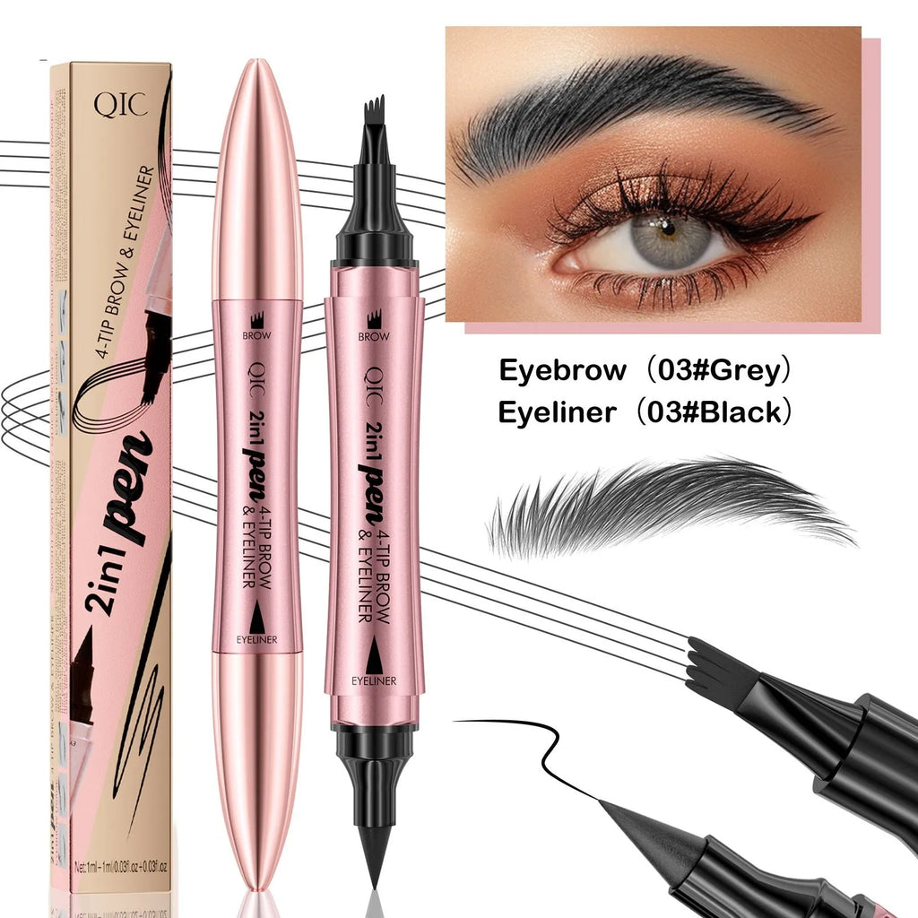 2-in-1 double-headed eyebrow pencil and eyeliner with 3D micro-carved liquid four-fork tip in four colour suit options