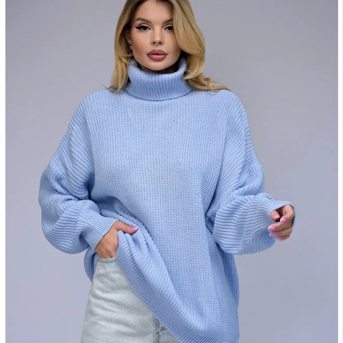 Women's solid colour high neck pullover sweater in imitation cashmere fabric on a hanger.