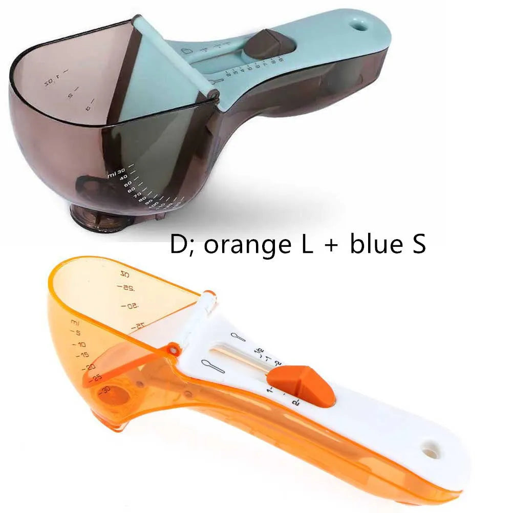 Orange and blue digital measuring spoons with magnetic base and measurement markings.