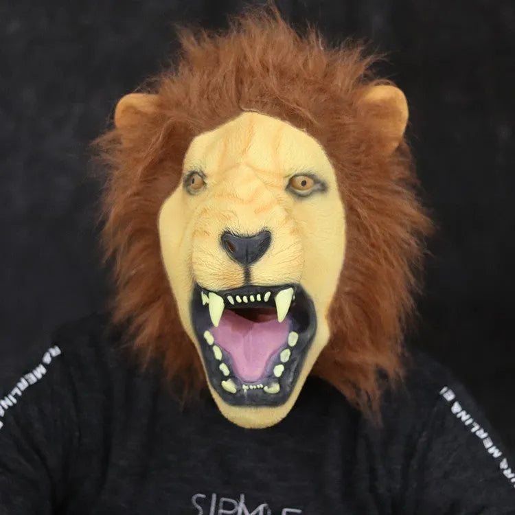 Open mouth lion latex Halloween mask in realistic animal style for adult costume parties