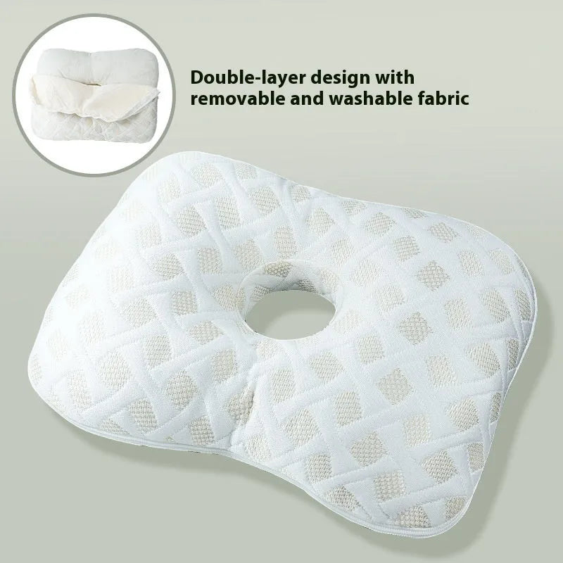 Beauty salon single hole ear pillow with detachable cover in grey, shown next to a towel.