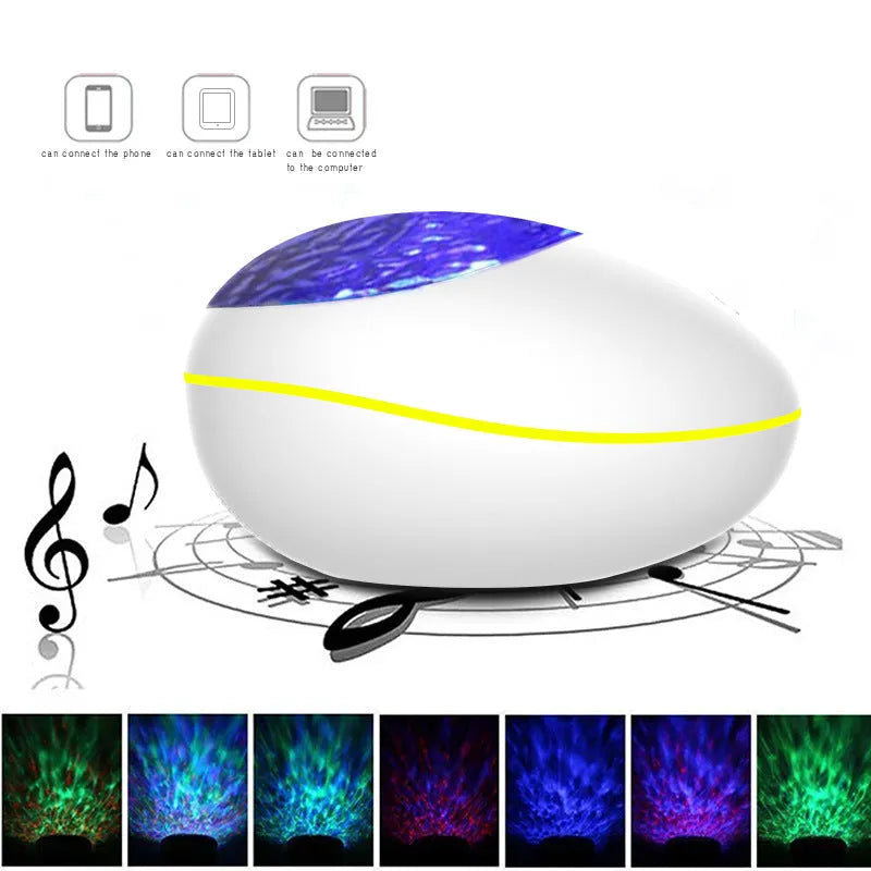 Coversage ocean wave projector LED night light with Bluetooth speaker in black, showing wave projection on wall