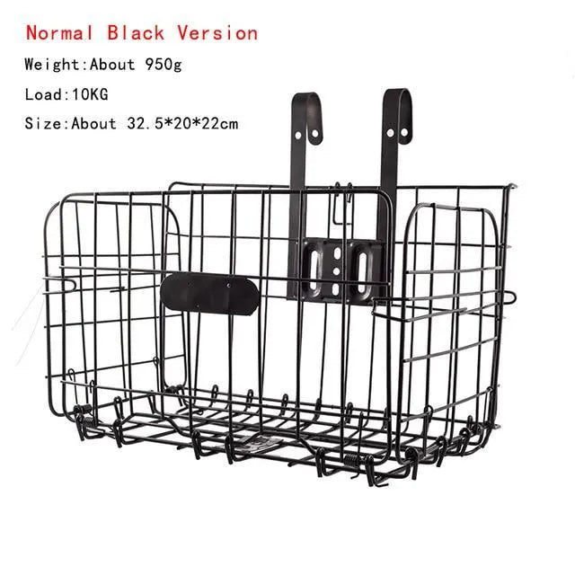 Folding steel bicycle basket in black finish with dimensions 32.5x20x22 cm for mountain road and folded bikes
