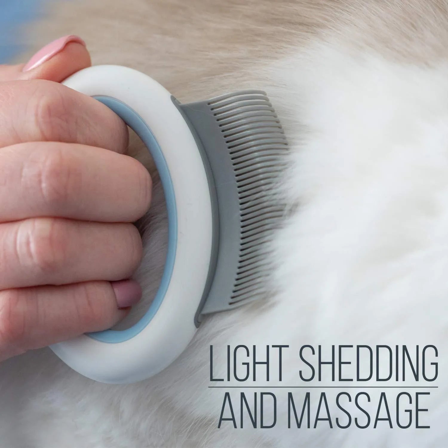 Blue plastic pet grooming comb for removing loose hair from cats and dogs on a white background.