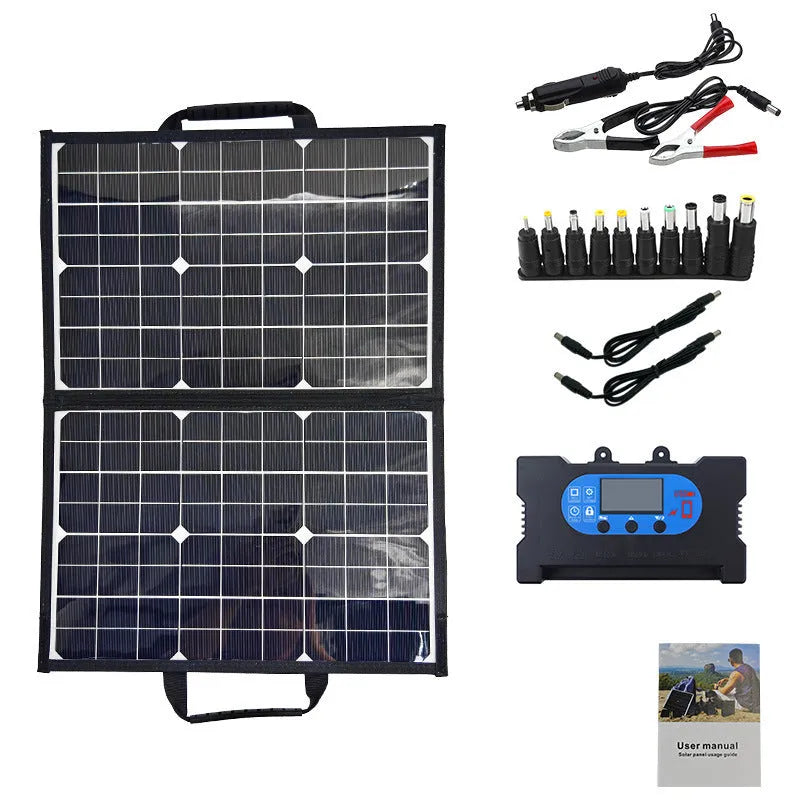 Black fabric folding bag containing a 40W single crystal solar panel, shown folded to its 42.5cm by 28.5cm size.