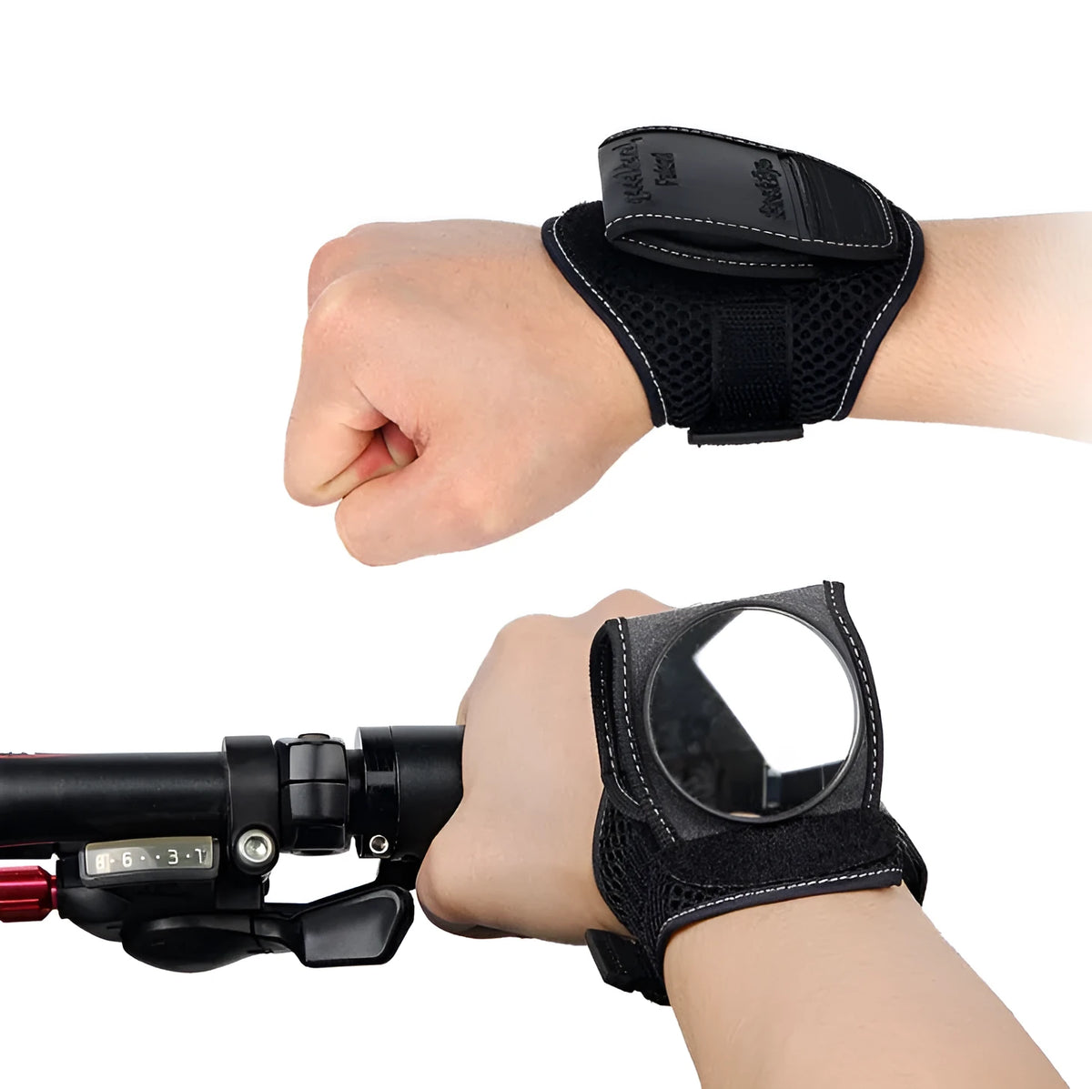 Bicycle rear view mirror on arm strap with wide-angle convex lens, black colour, 5 cm mirror diameter