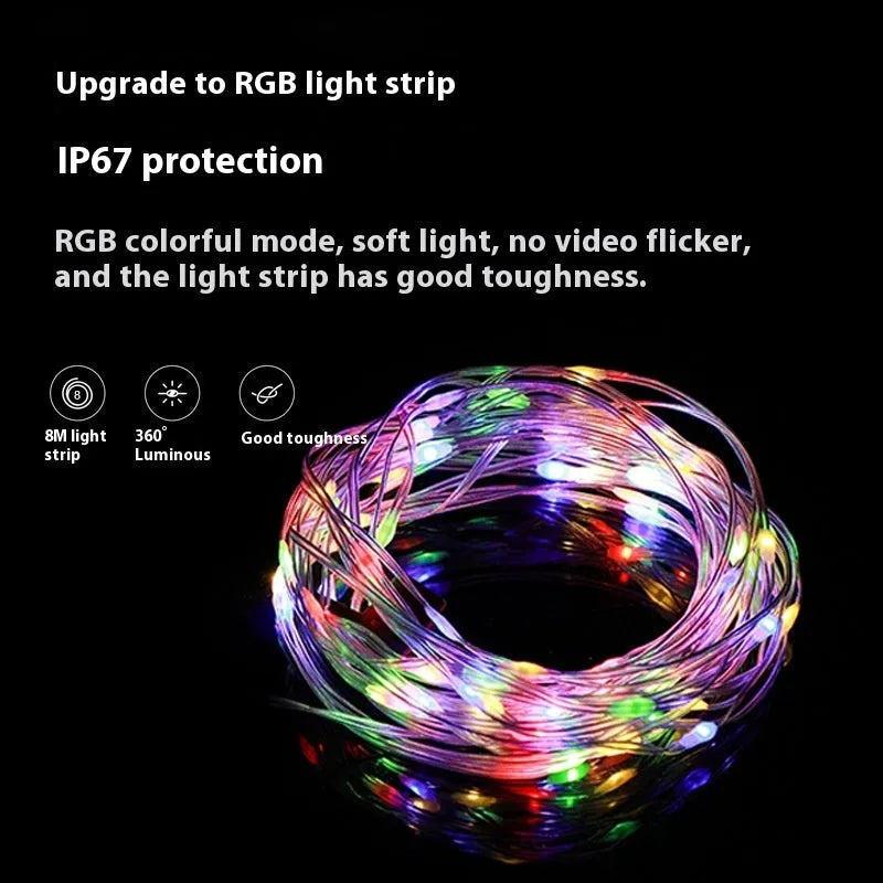Rechargeable outdoor tent string lighting with 30 LEDs along 8 metres of flexible material