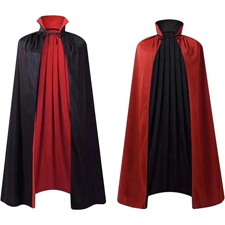 A black satin hooded wizard cloak costume laid flat, showing its length and mantle style.