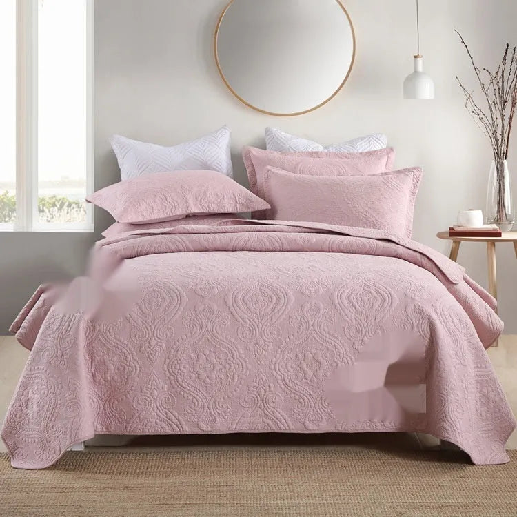 Pure cotton bed cover three-piece set showing bedspread-style design with solid colour pattern