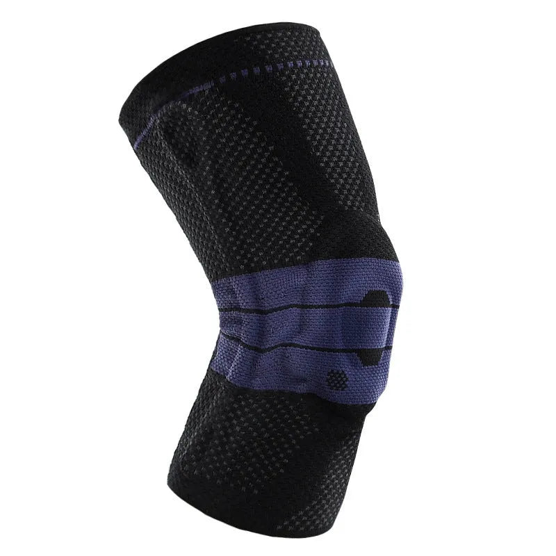 Adult sports knee pad in black and blue colour, made from nylon and spandex material.