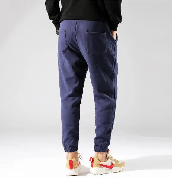Irukite men's high waist loose fit winter trousers in black with plus velvet lining and belt