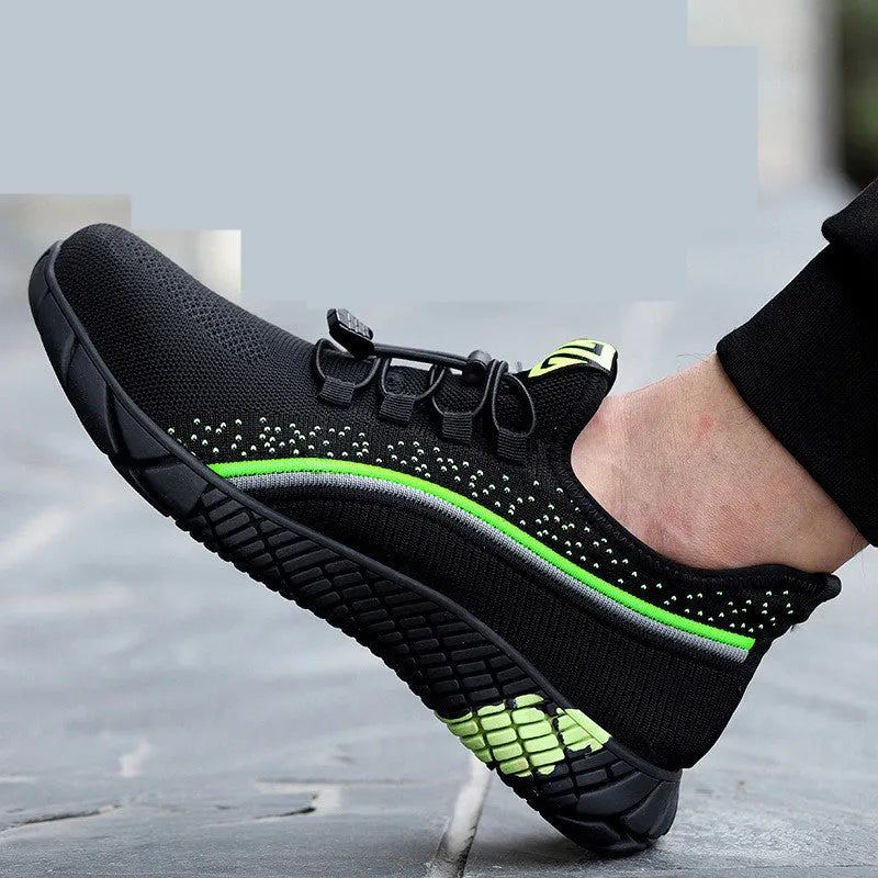 Men's flying woven breathable low-cut puncture-proof labour insurance safety shoes in black and green colour