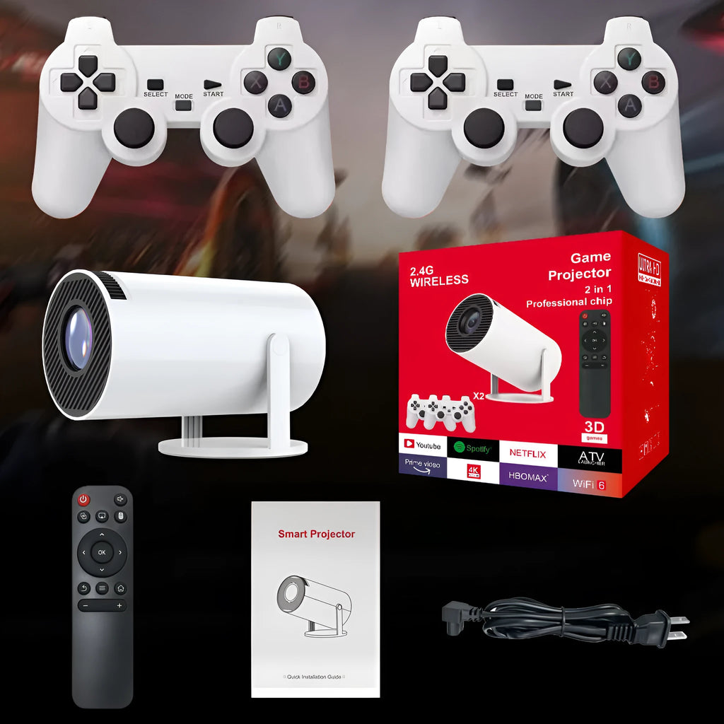M300MAX portable projection game machine in red or white box with game handles.