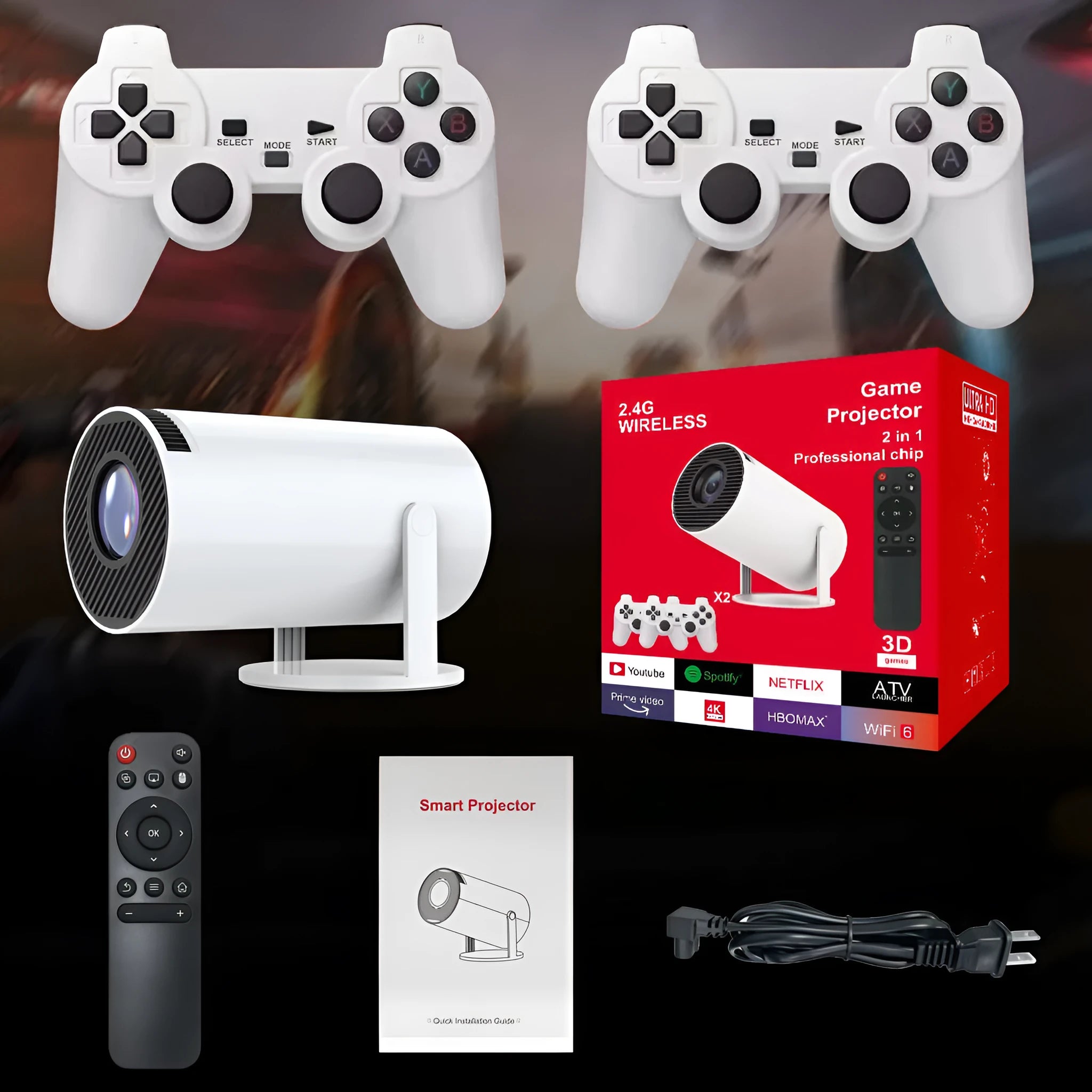 M300MAX portable projection game machine in red or white box with game handles.