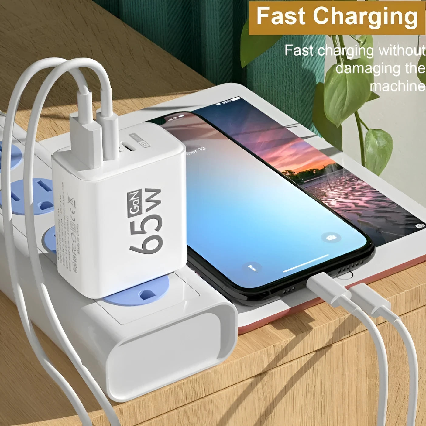 65W frosted square multi-port charger with 1USB and 2PD ports in EU White colour variant