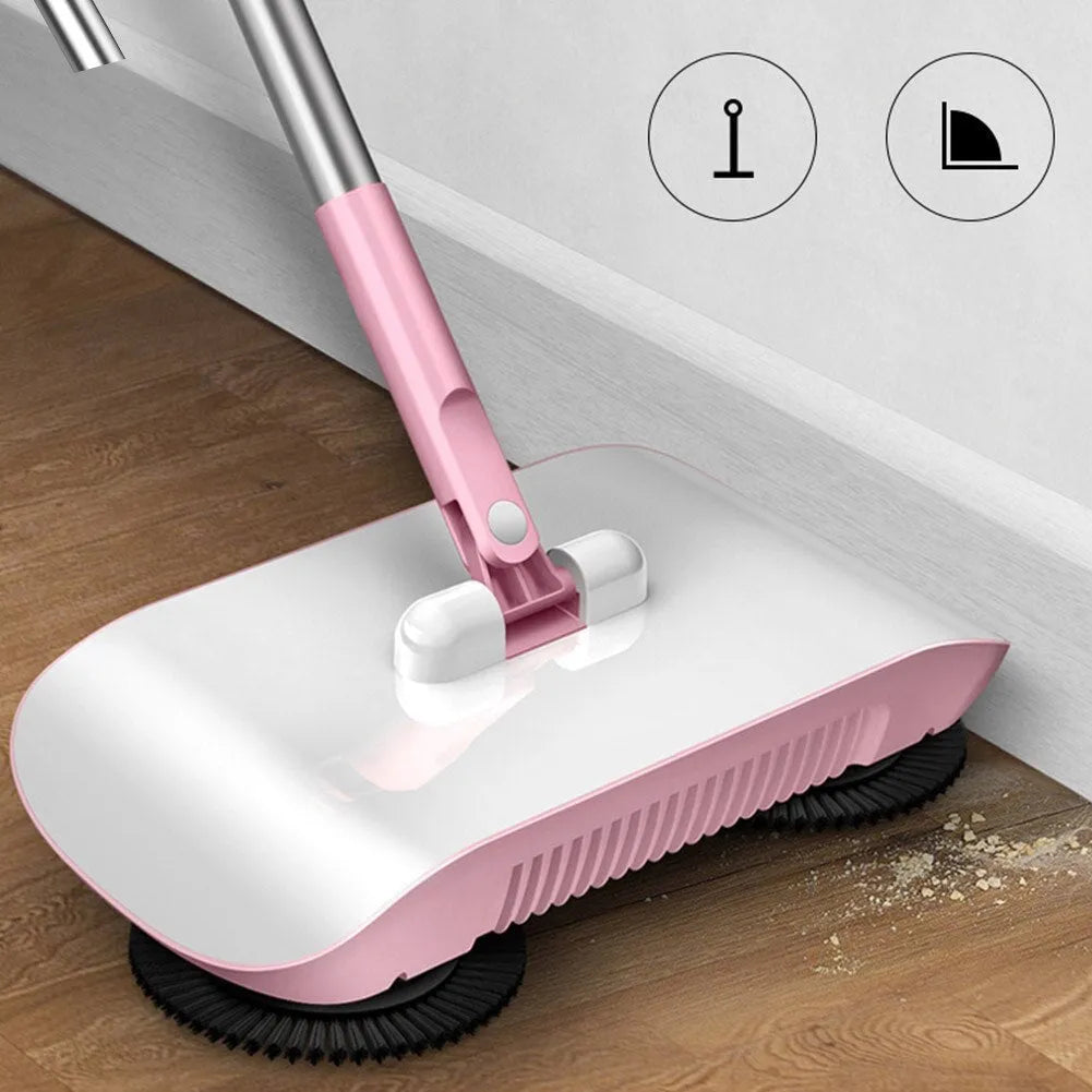 3-in-1 hand push sweeper with 360-degree rotating brush in powder colour, suitable for wood and tile floors