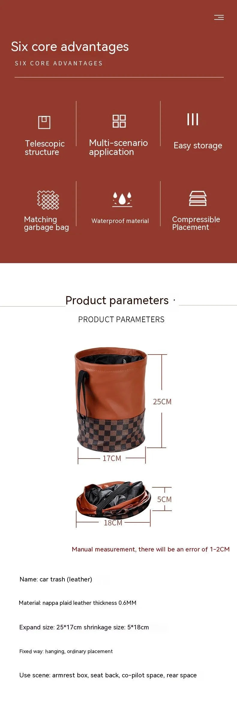Brown leather retractable car trash can shown in a folded state with a carry handle.