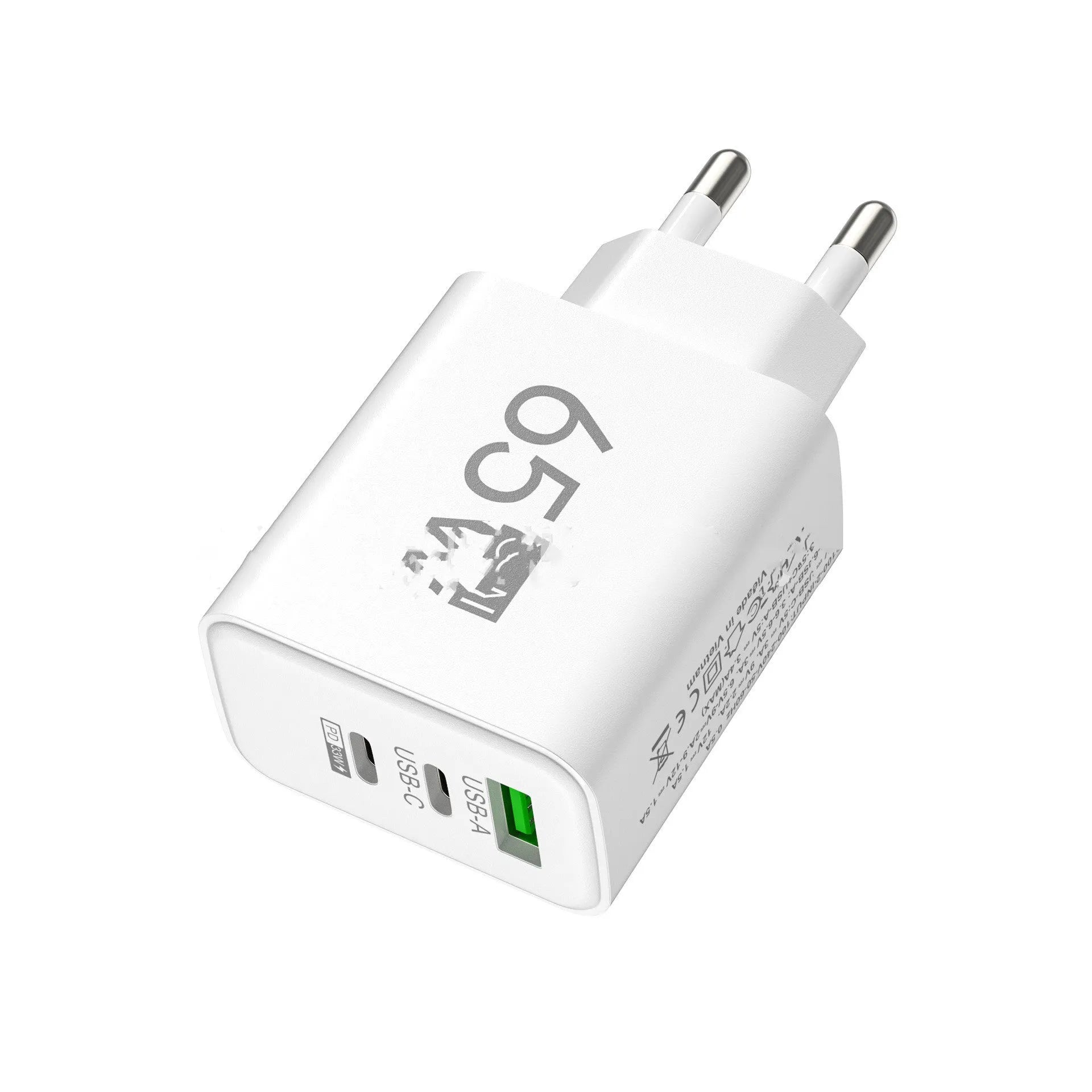 65W frosted square multi-port charger with 1USB and 2PD ports in EU White colour variant