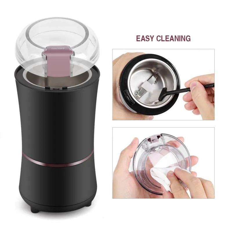 Black mini electric grinder with stainless steel liner for grinding coffee beans and nuts