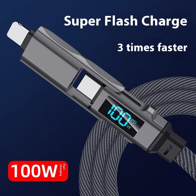 Digital display four-in-one charging cable with zinc alloy connectors, Lightning Micro USB TYPE-C, black, 2m