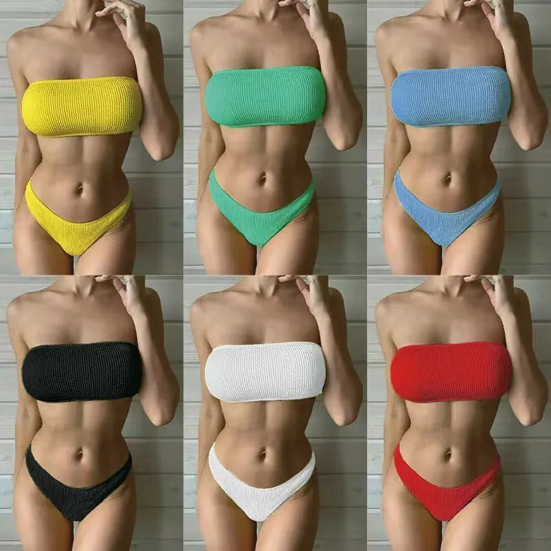 Women's solid colour snake cloth bikini set with tube top and high-waisted briefs