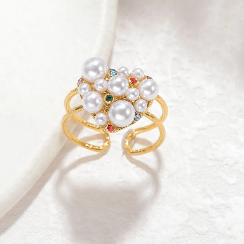 Women's adjustable gold-tone ring with zircon and freshwater pearl decorative elements