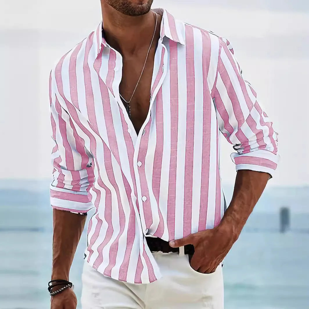 Men's yarn-dyed striped casual shirt with loose fit cardigan style in polyester fabric