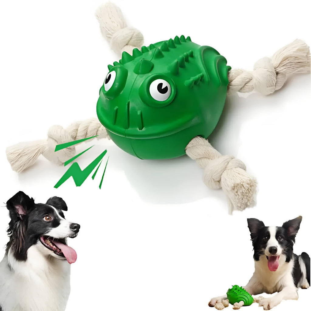 Green rubber cotton rope toad dog toy for aggressive chewers with squeaker and teeth-cleaning texture