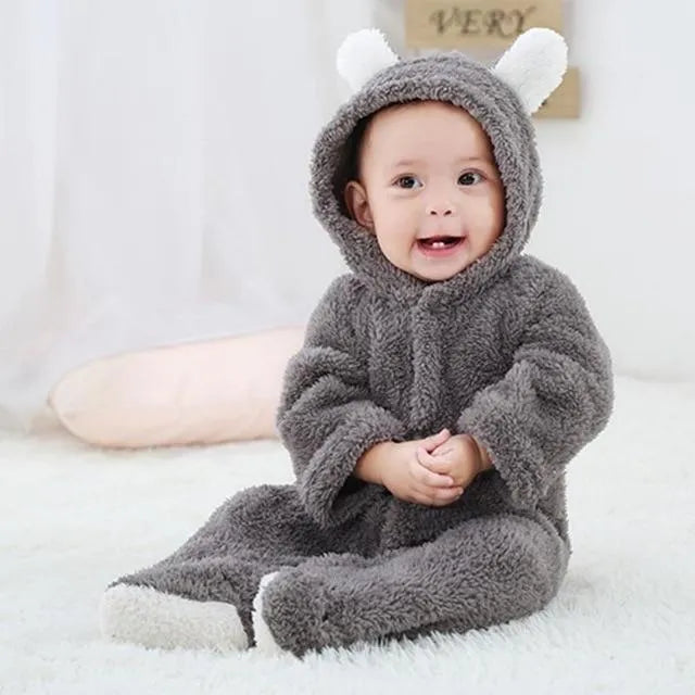 Unisex baby romper winter cotton blend pullover O-neck in brown for infant 0-12 months
