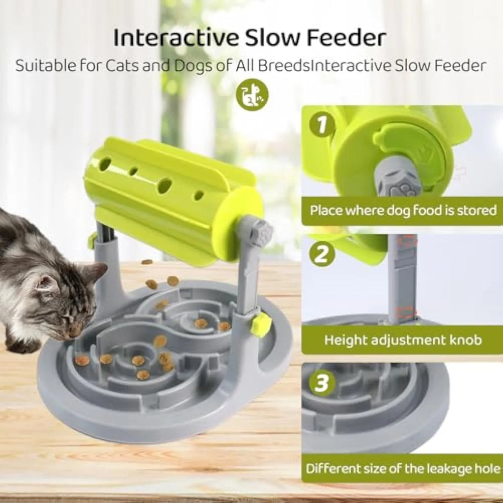 Adjustable height interactive pet slow feeder bowl with puzzle patterns in blue colour