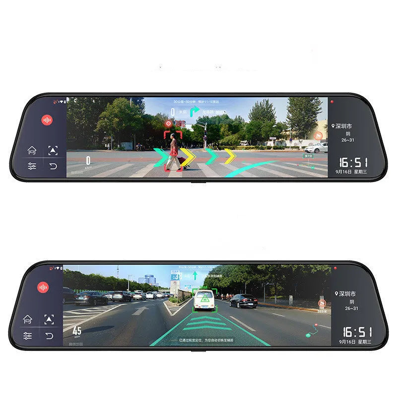 12-inch rearview mirror tachograph with dual camera lenses and large touch screen display for car