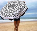 Round printed polyester beach mat with tassel fringe in colour combination design 150cm diameter for seaside yoga