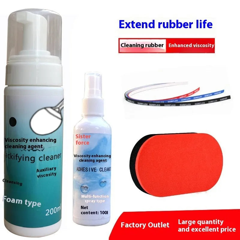Table tennis racket cleaner kit with sponge mop and 100ml rubber cleaning agent on a court