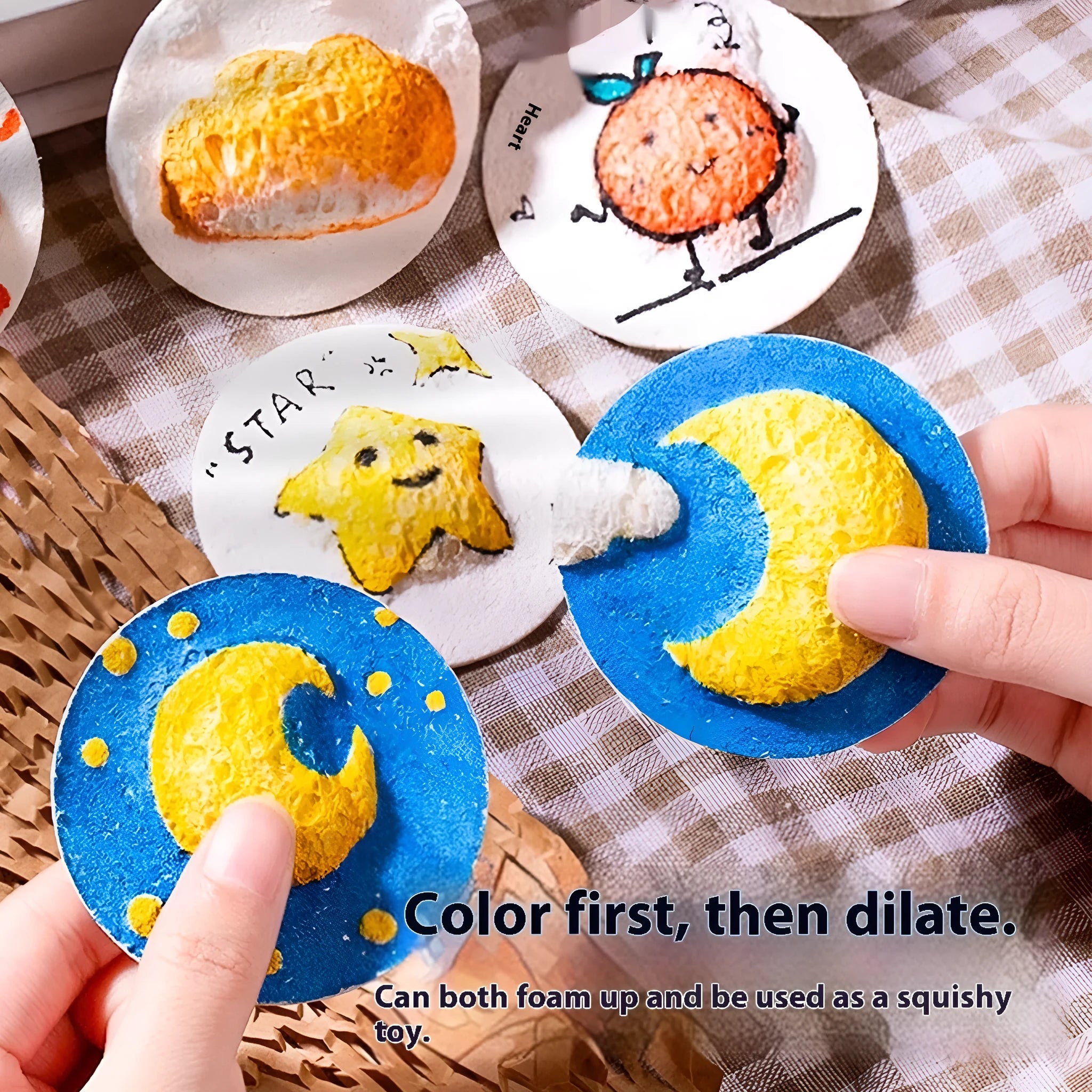 Cartoon wood pulp sponge painting set showing heart, round, and square shaped sponges with fountain pens