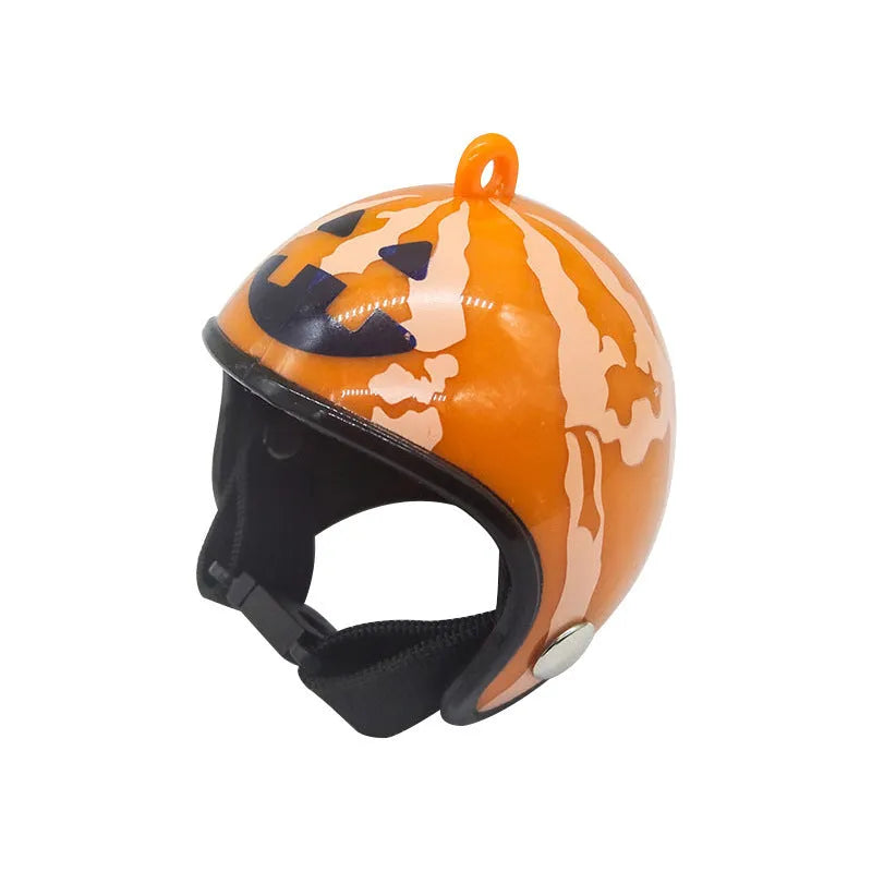 Small plastic chicken pet helmet in one of twelve designs including rainbow, plaid, or smiling face.