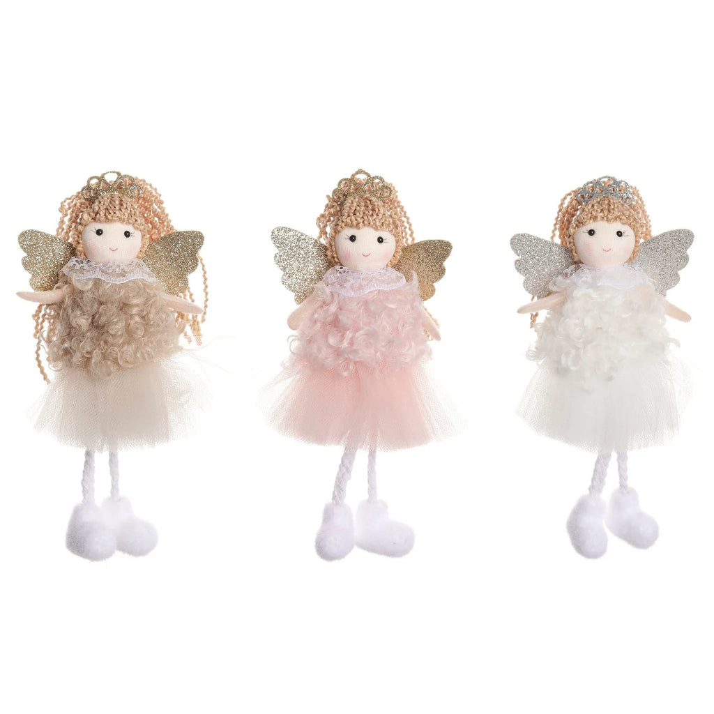 Girl's fabric Christmas angel pendant crown hair clip on a high ponytail, in white, pink, or khaki.