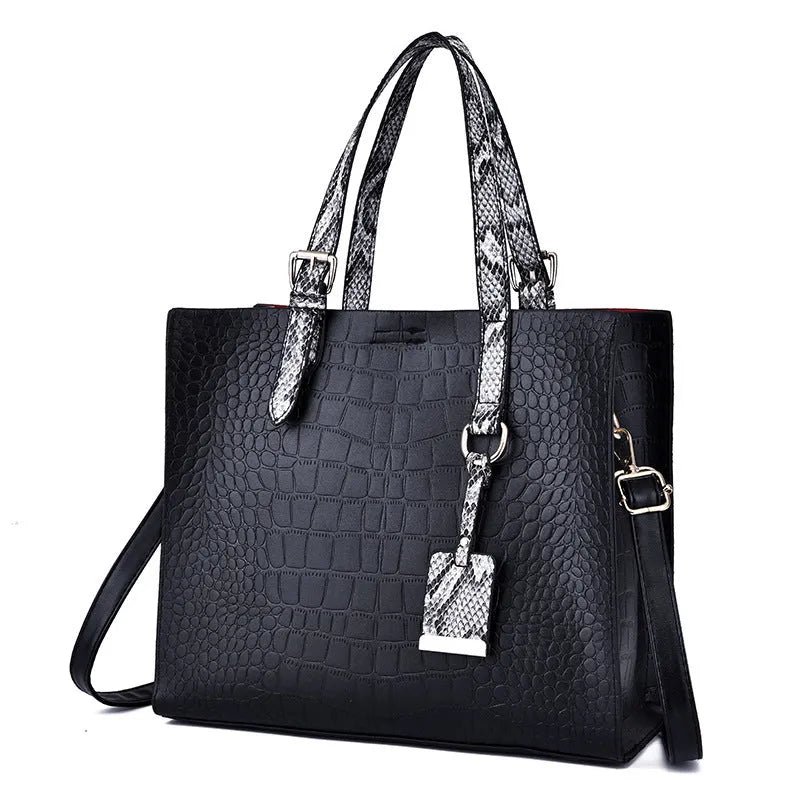 Women's solid colour diagonal cross body stone tote bag in black, 25x29x10cm, PU fabric with crocodile pattern