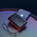 Small square black 10000mAh power bank with wireless charging symbol and digital display.